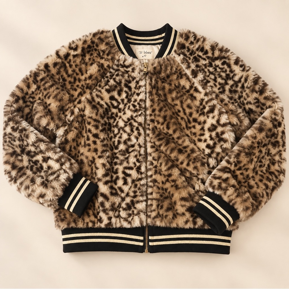 Girls Leopard Print Faux Fur Jacket